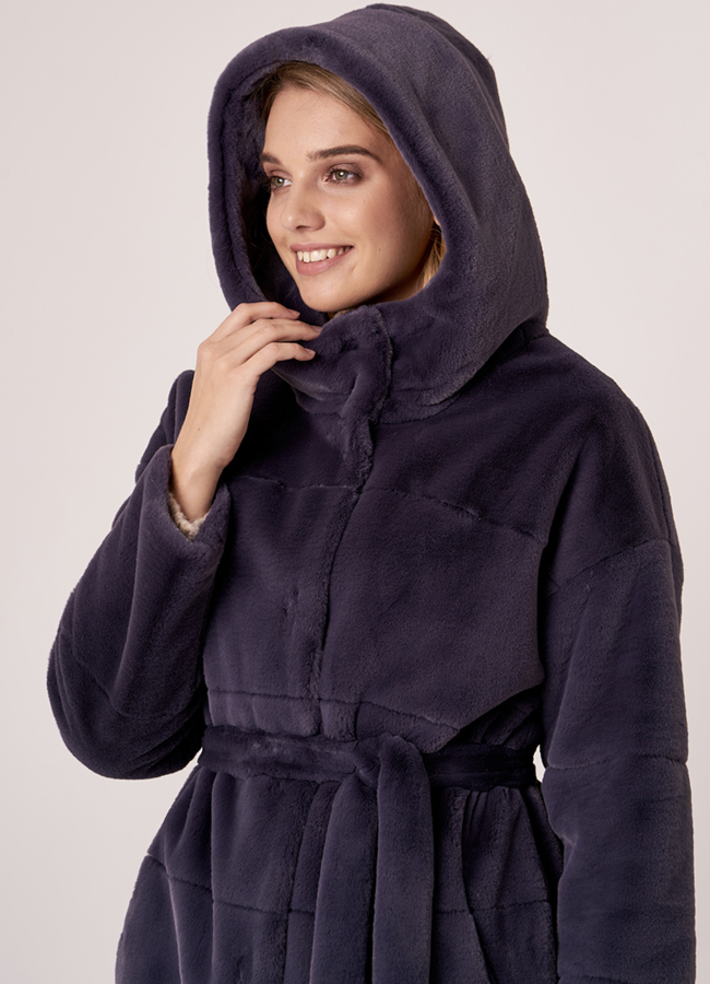 Эко шуба синего цвета с капюшоном модель № 19075 универмаг малина