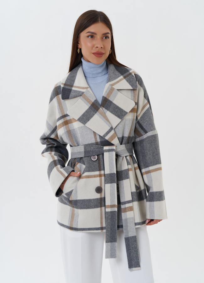 Укороченное пальто с принтом клетка модель № 27674 в рассрочку