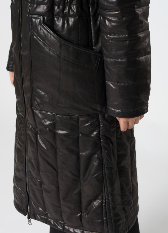 Пальто из натуральной кожи черного цвета с капюшоном 2 в 1 модель № 18233 в рассрочку