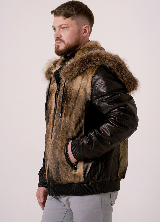 Кожаная куртка с меховой отделкой из волка модель № 1099 меха малина