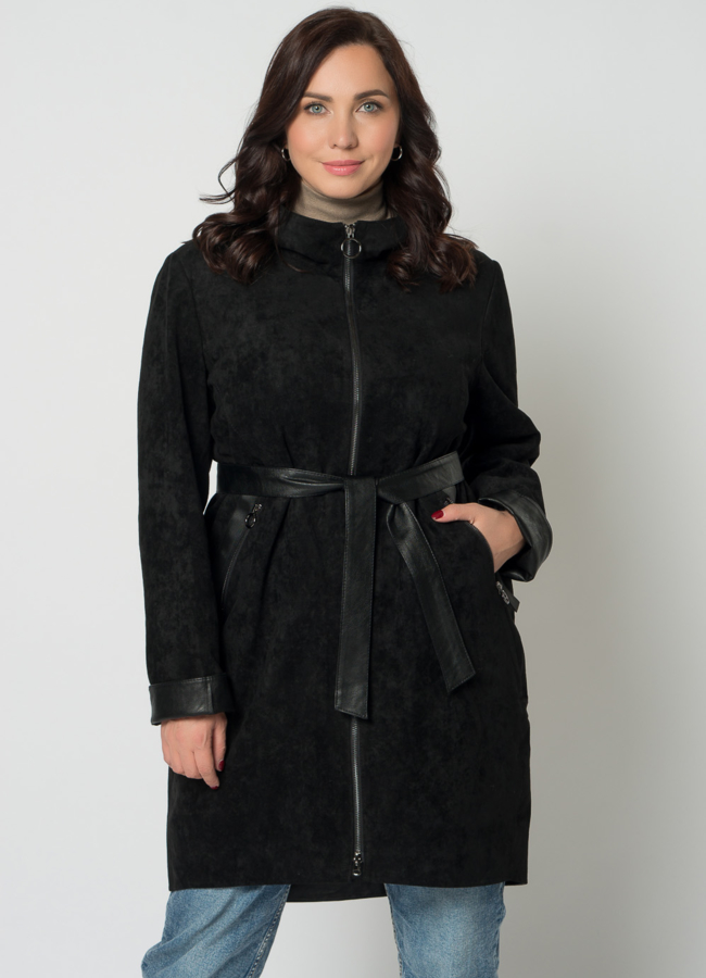 Полупальто женское из эко кожи модель № 20672 меха малина