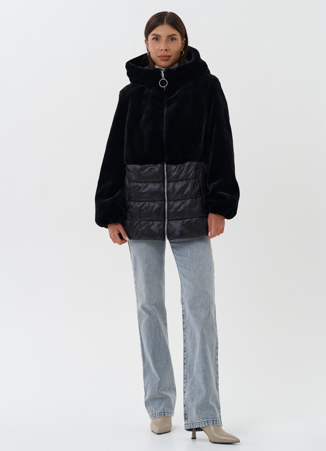 Комбинированный пуховик с шерстью модель № 27654 меха малина