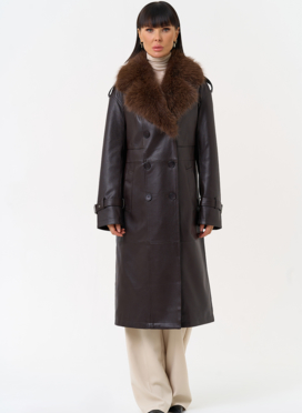 Женское утепленное пальто из экокожи с воротником из эко меха Женское утепленное пальто из экокожи с воротником из эко меха