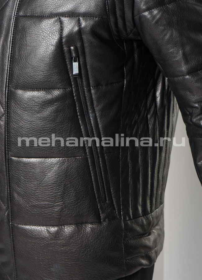 Пуховик из натуральной кожи с английским воротником, отделка норка модель № ПМ-112 универмаг малина