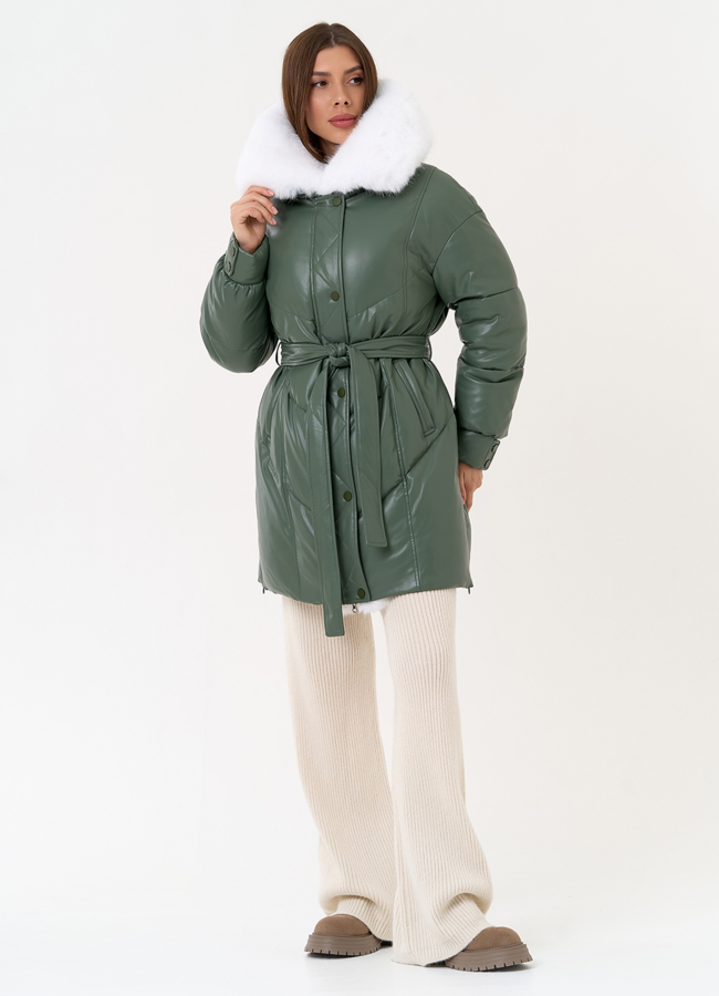 Женский пуховик из эко кожи с отделкой из эко меха модель № 30736 в рассрочку