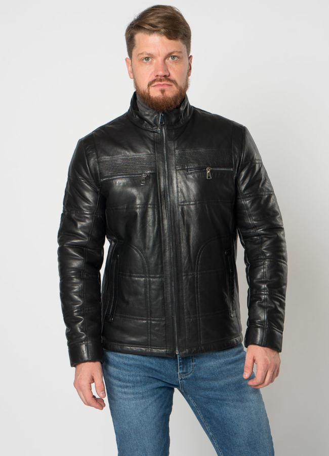 Утепленная куртка из натуральной кожи в черном цвете модель № 21616 меха малина