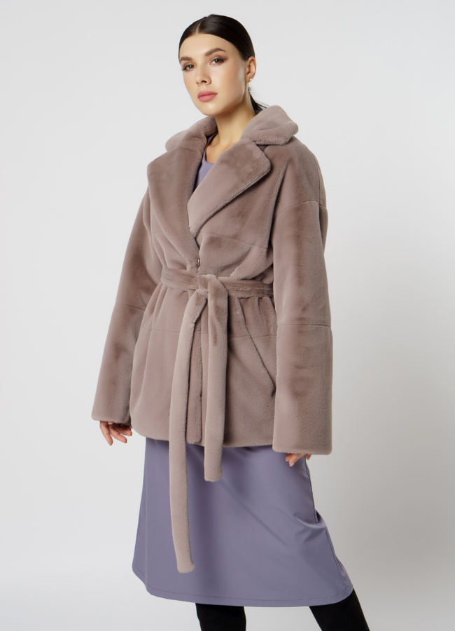 Эко шуба серого цвета  модель № 17839 меха малина