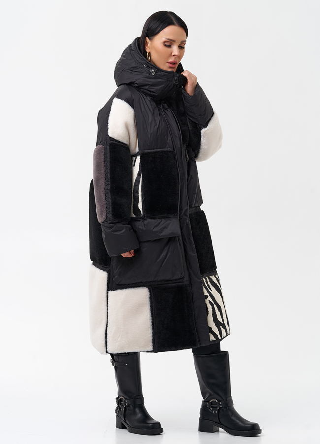 Комбинированный женский пуховик с капюшоном модель № 28373 универмаг малина