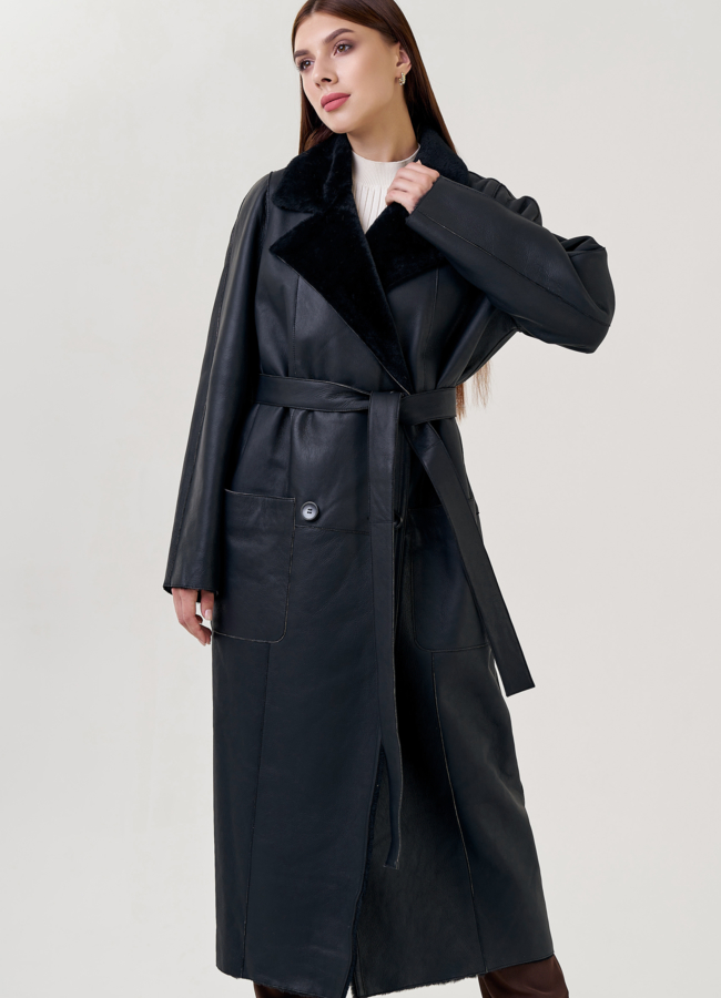 Женская дубленка черного цвета с английским воротником  модель № 23248 в рассрочку Женская дубленка черного цвета с английским воротником  модель № 23248 в рассрочку