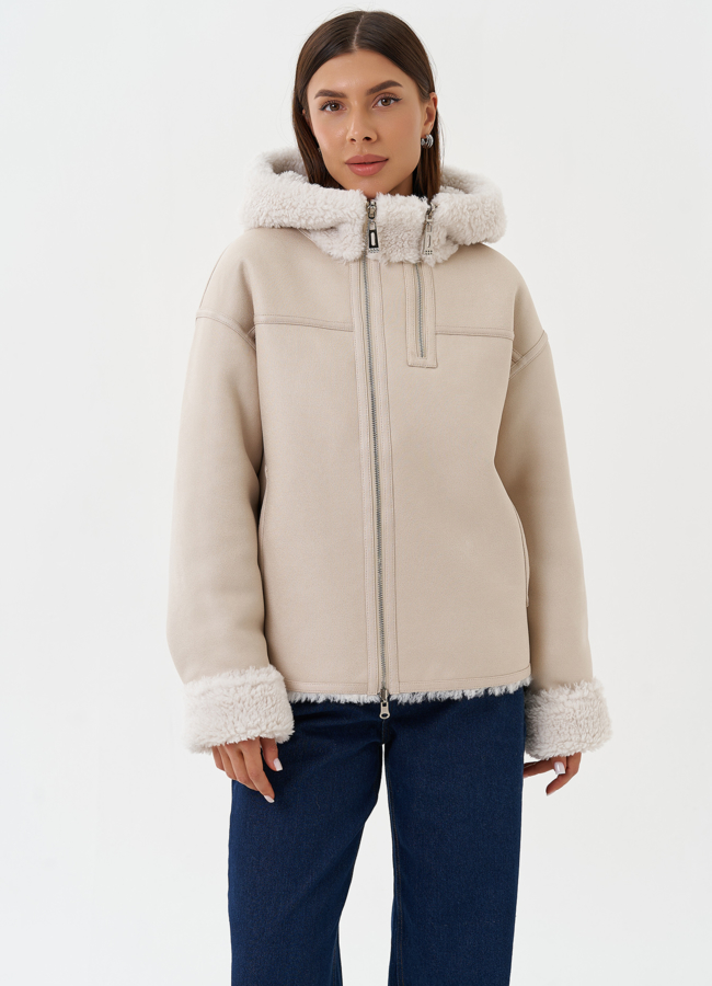 Двухсторонняя дубленка из эко кожи с капюшоном модель № 28653 в рассрочку