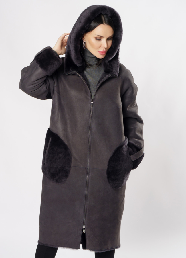 Двусторонняя дубленка с капюшоном на молнии модель № 3486 универмаг малина