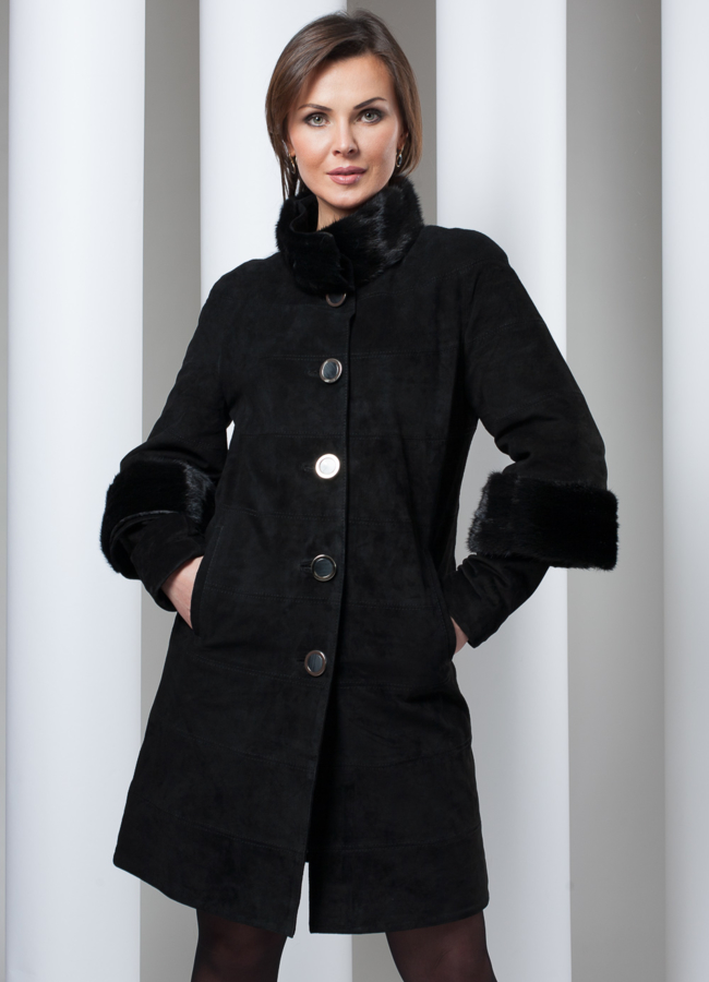 Пальто из замши с норкой. (мех съемный) модель № K-84 меха малина