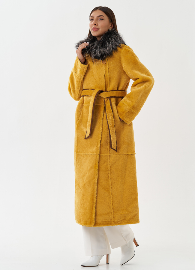 Двухсторонняя эко дубленка с мехом енота модель № 28561 универмаг малина