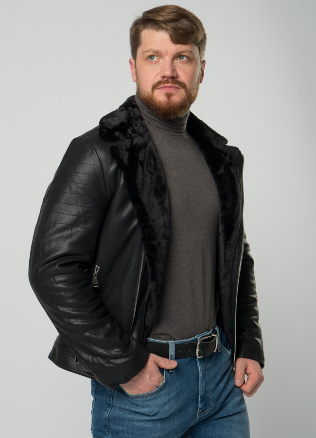 Мужская эко дубленка-косуха черного цвета модель № 21966 универмаг малина