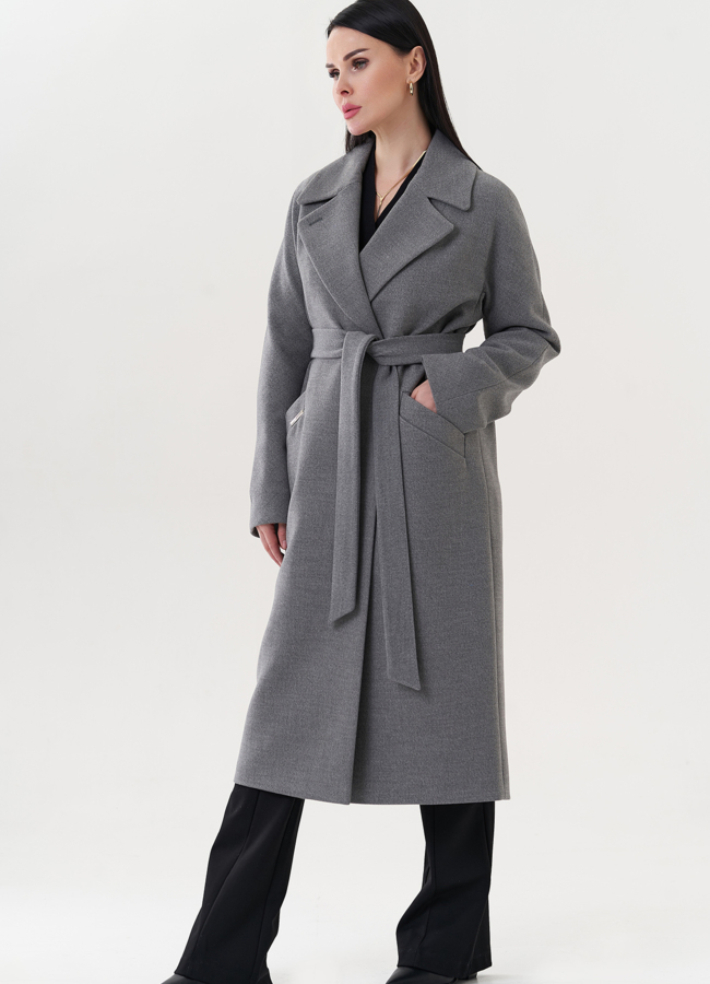Пальто серого цвета с английским воротником модель № 26723 в кредит