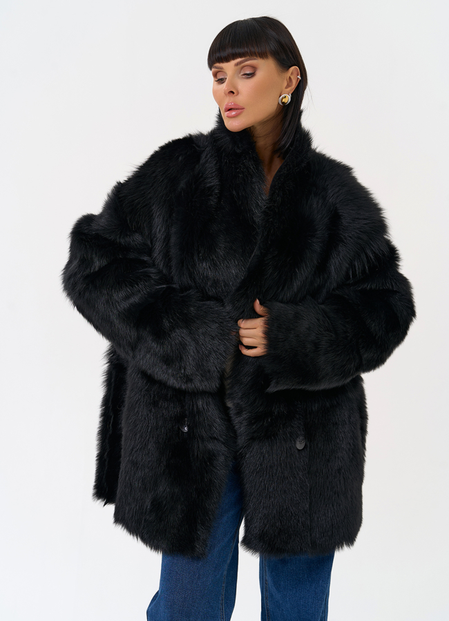 Двухсторонняя дубленка черного цвета с декоративным поясом модель № 31618 универмаг малина Двухсторонняя дубленка черного цвета с декоративным поясом модель № 31618 универмаг малина