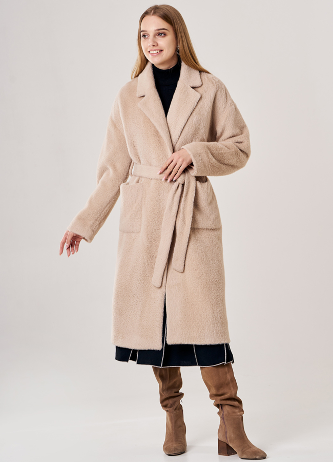 фото Пальто женское бежевого цвета с поясом модель № T4F W9822