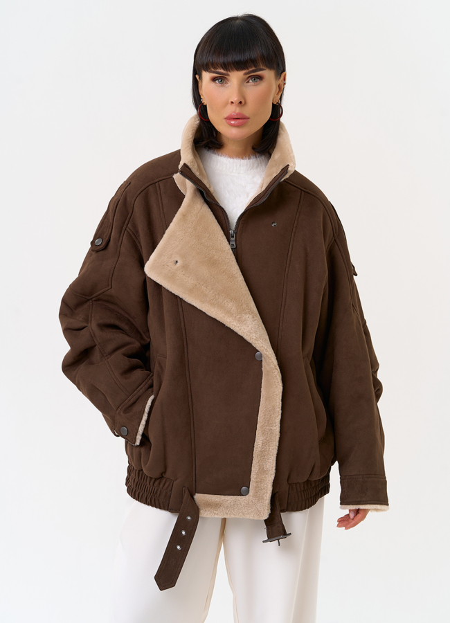 Женский бомбер из эко замши с воротником стойкой модель № 31533 меха малина Женский бомбер из эко замши с воротником стойкой модель № 31533 меха малина