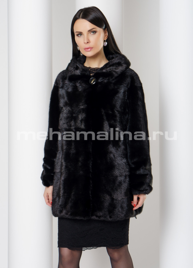 Шуба из черной норки, укороченная с капюшоном модель № S-761 универмаг малина