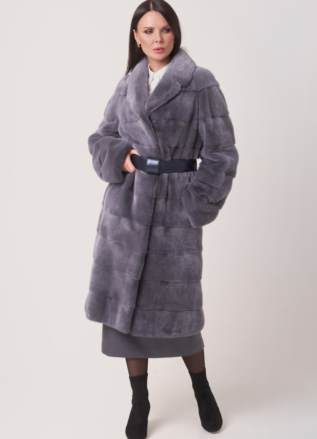 Норковая шуба в цвете графит с английским воротником поперечная модель № S-762 универмаг малина