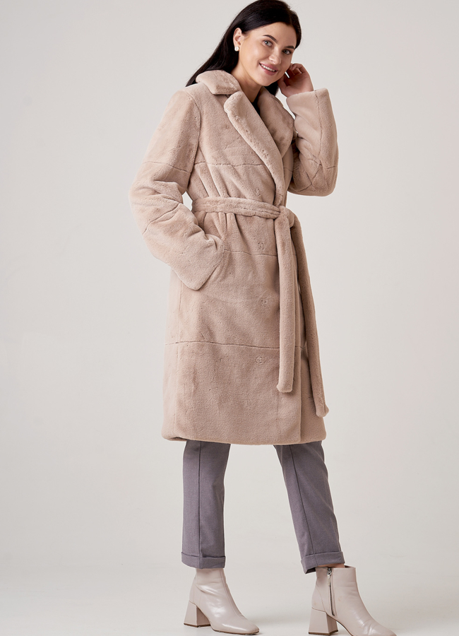 Шуба из искусственного меха с поясом модель № 1103 меха малина