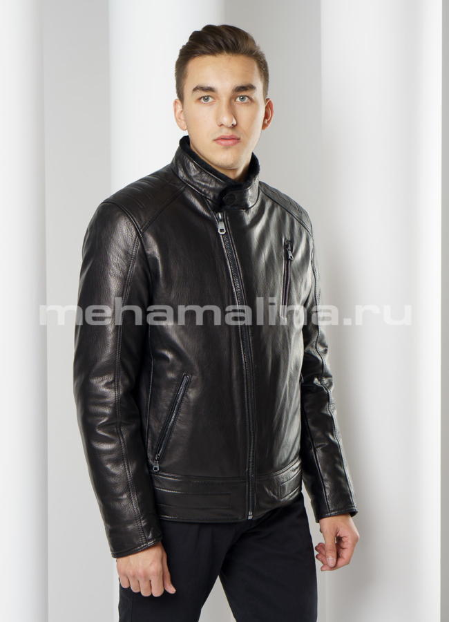 Кожаный пуховик модель № ПМ-101 меха малина