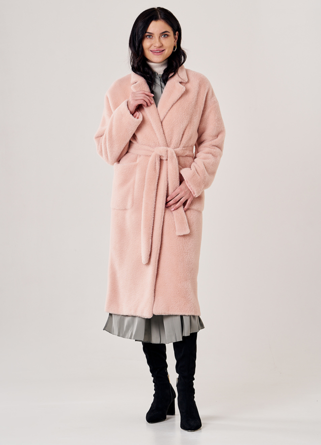 Пальто женское розового цвета с поясом модель № T4F W9822 в кредит