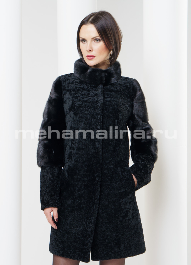 Шуба астраган с норкой модель № S-318 меха малина