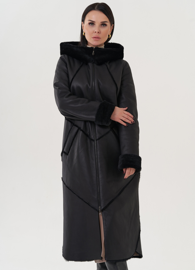 Женская дубленка с капюшоном  модель № 25914 меха малина