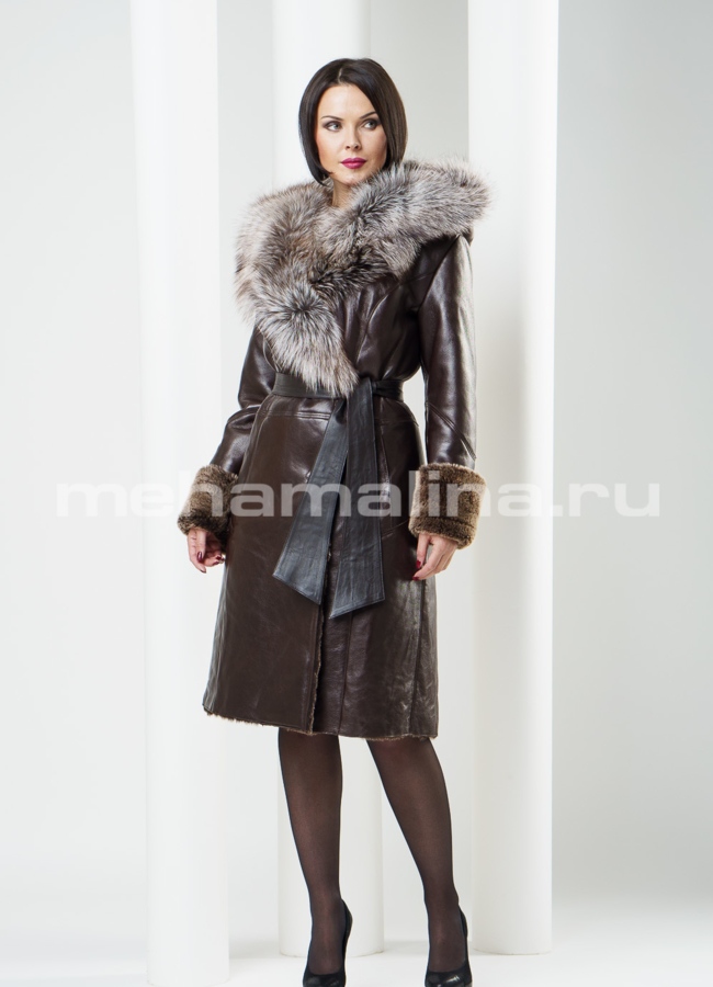 Дубленка на пуговицах, капюшон лиса модель № D-119 меха малина