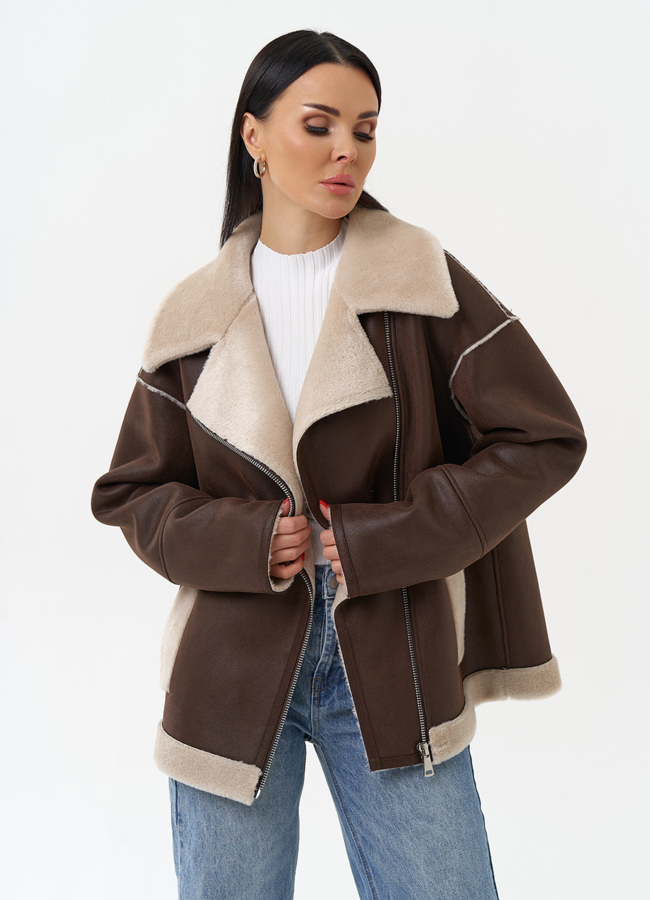 Женская дубленка из эко замши  модель № 29985 меха малина