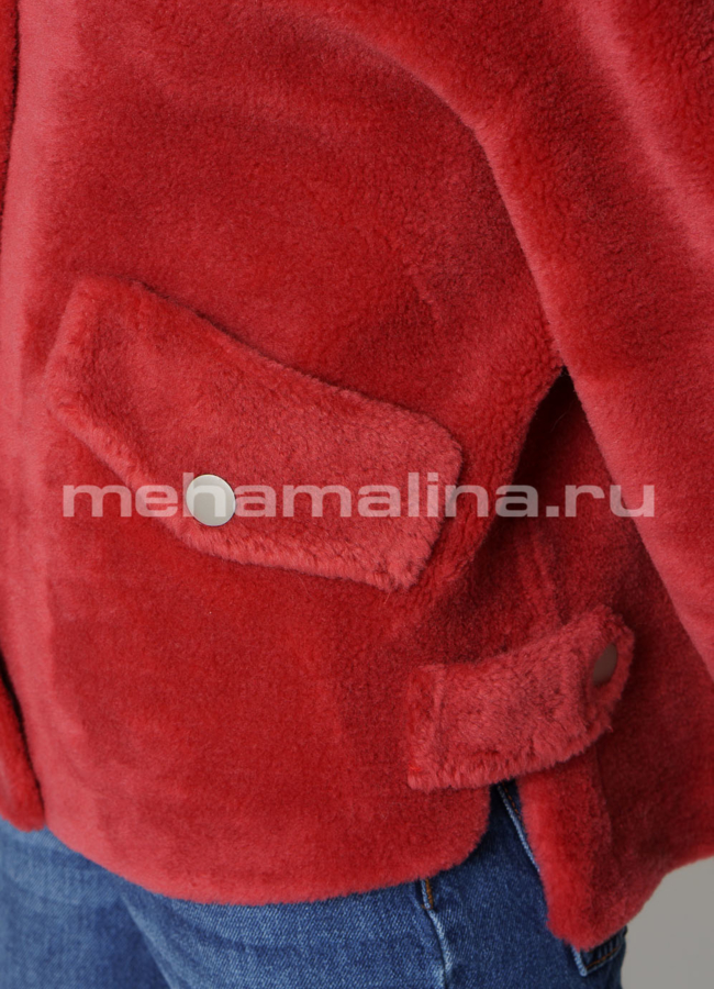 Укороченная шуба из эко меха красного цвета модель № 1012 в рассрочку