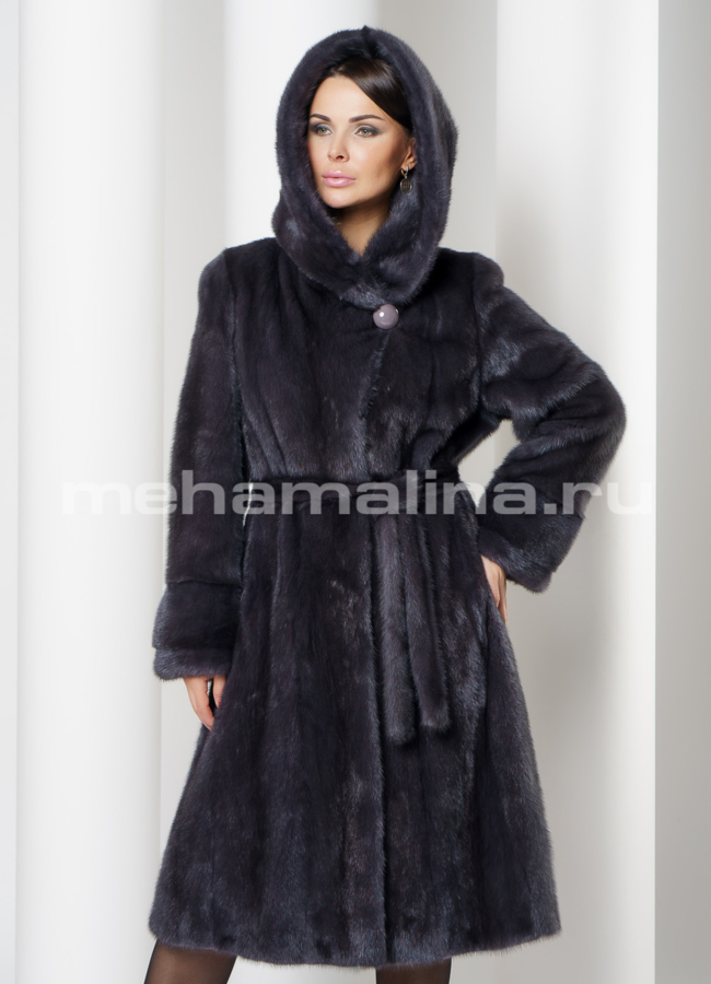 фото Норковая шуба годе с капюшоном цвет графит модель № S-727