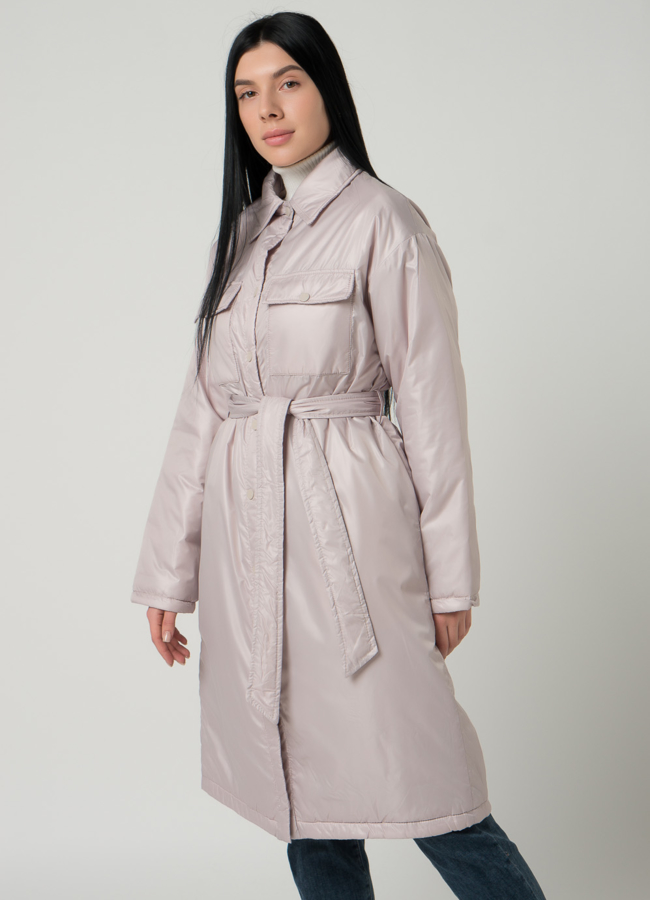 Женское пальто-рубашка бежевого цвета с поясом модель № 22390 универмаг малина