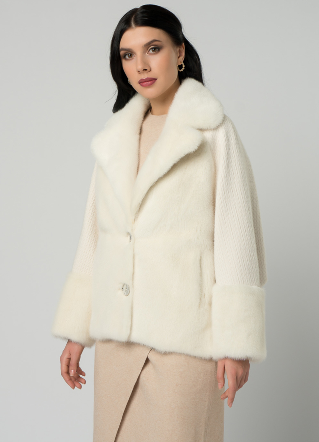 Кардиган белого цвета с отделкой из норки модель № 21858 меха малина