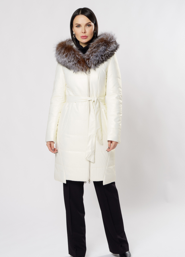 фото Пуховик из эко кожи на молнии с капюшоном модель № 6127