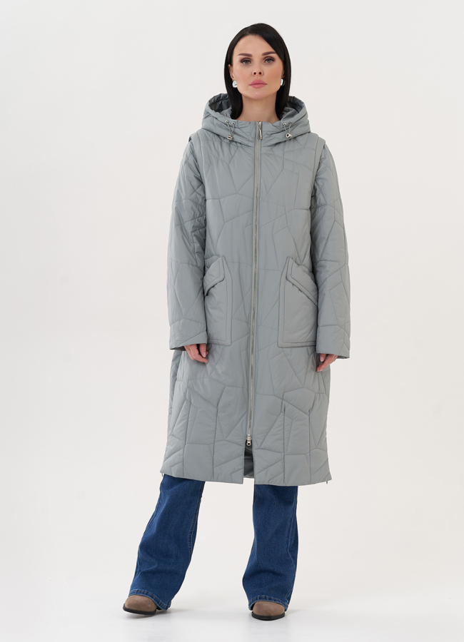 Пуховик с капюшоном зеленого цвета модель № 27011 меха малина