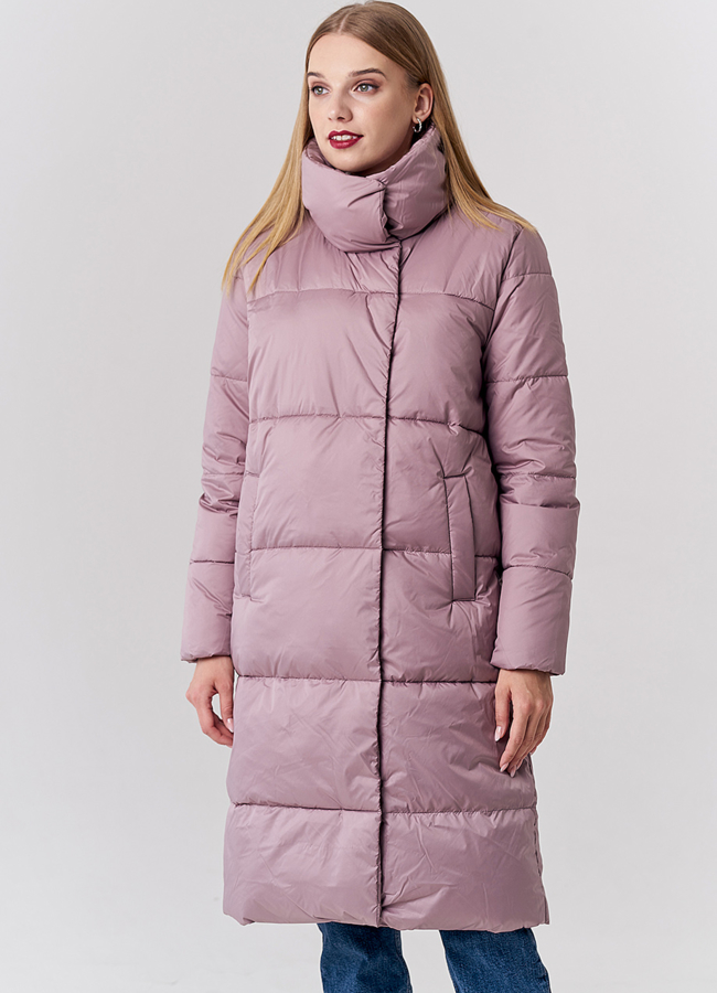 Удлиненный женский пуховик с воротником стойкой модель № 21890 меха малина