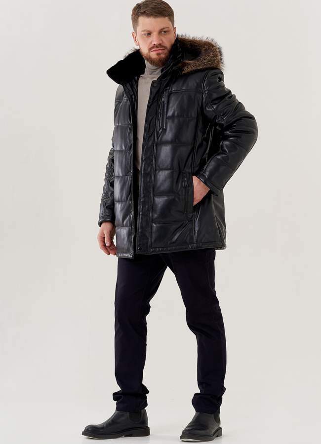 фото Пуховик из эко кожи с капюшоном  модель № 79606