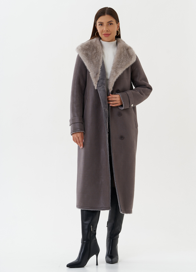 Длинная дубленка из эко кожи с воротником шаль модель № 27782 универмаг малина