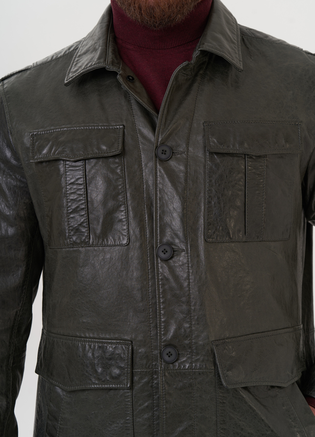 Куртка из натуральной кожи зеленого цвета модель № W812 универмаг малина