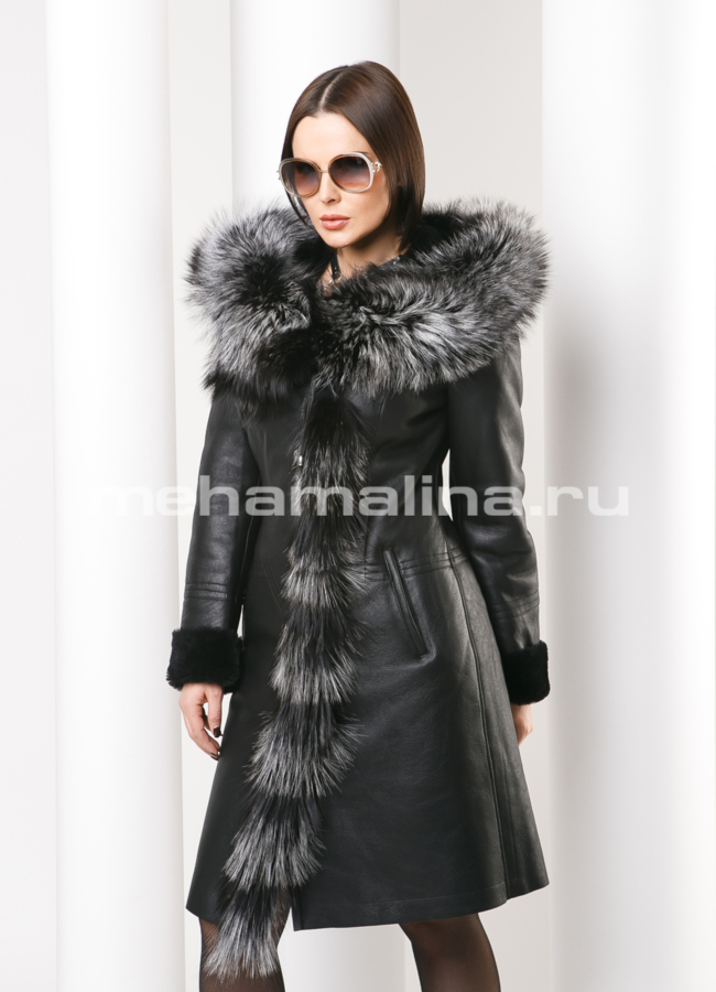 Дубленка с капюшоном модель № D-162 меха малина