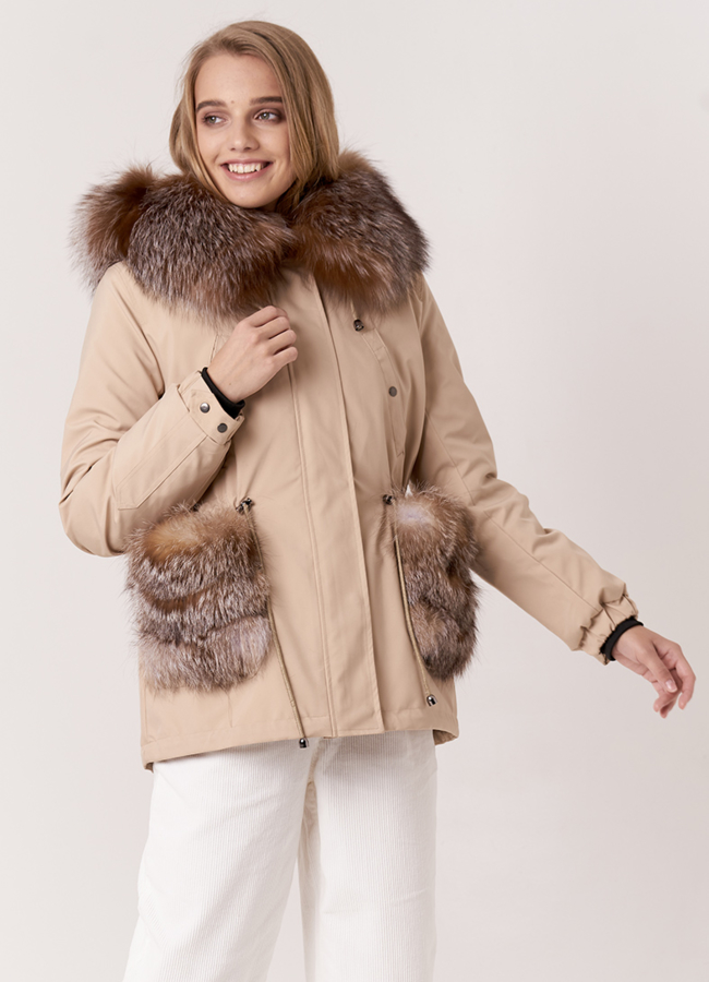 Парка женская с меховыми карманами модель № 17723 меха малина