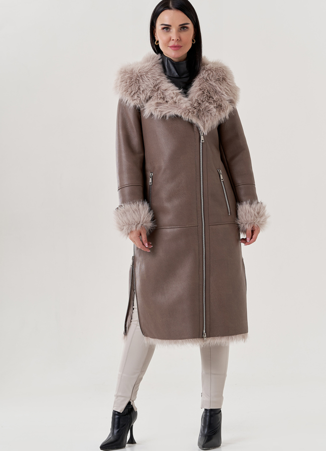 Женская дубленка из эко кожи с отделкой под тоскану  модель № 79494 меха малина