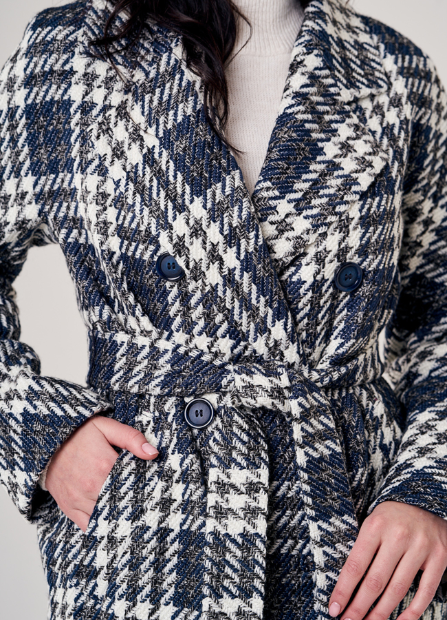 Пальто женское синего цвета с поясом модель № 20547 универмаг малина