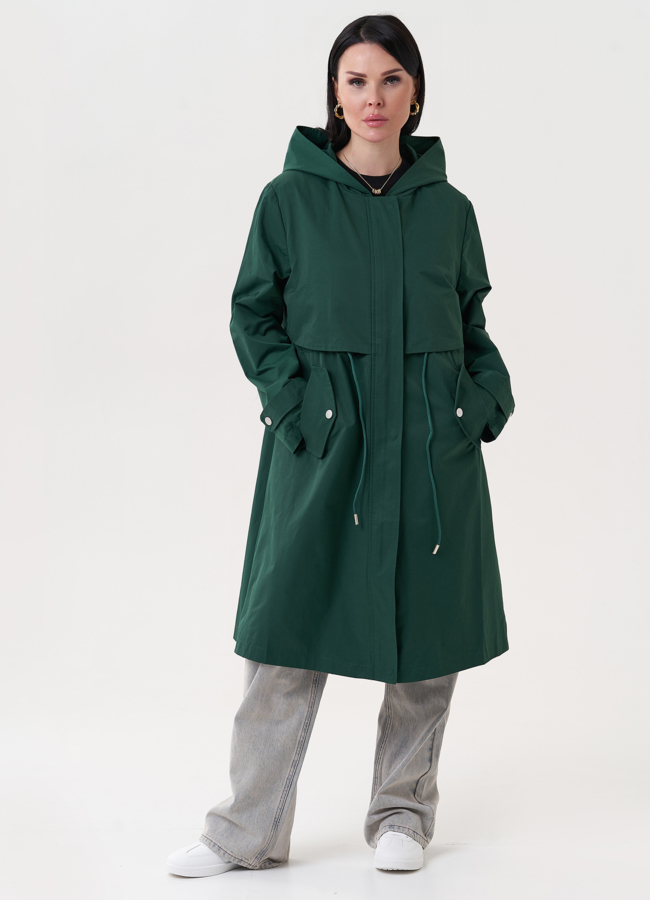 Плащ зеленого цвета с капюшоном модель № 2362 меха малина