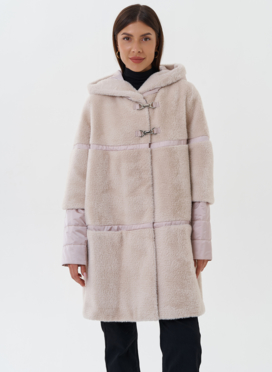 Комбинированное пальто из эко меха с капюшоном
