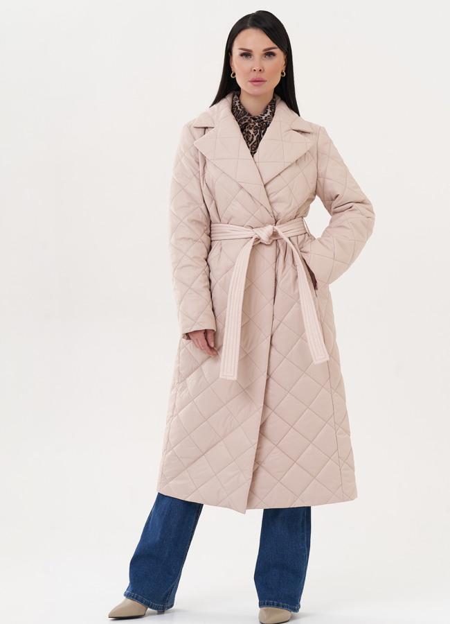 Стеганое пальто с поясом модель № 26875 меха малина