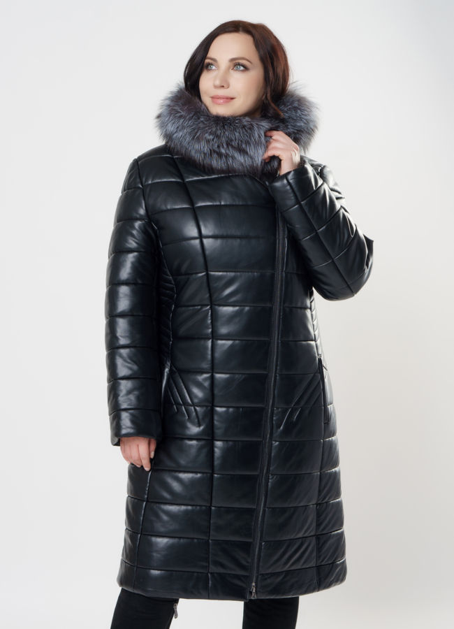 Удлиненный пуховик из эко кожи с чернобуркой модель № 8906 универмаг малина