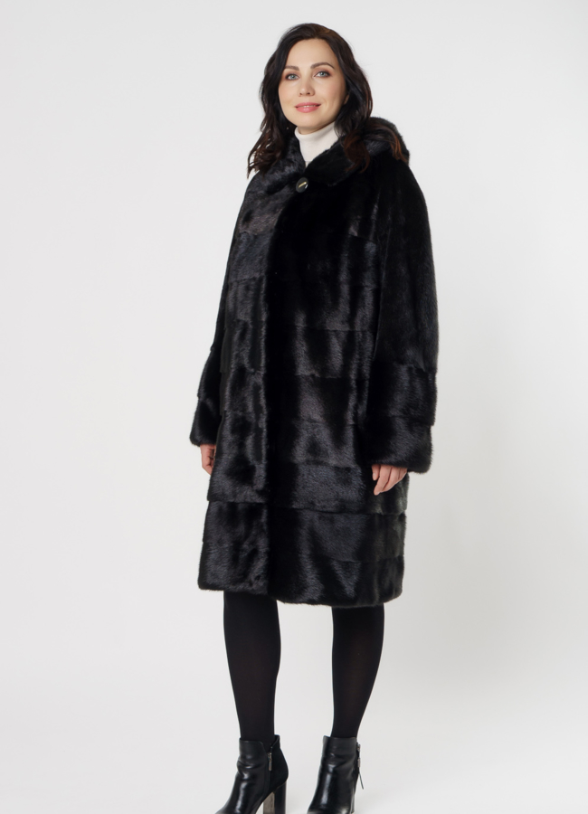 Норковая шуба поперечная с капюшоном модель № 8010 в рассрочку